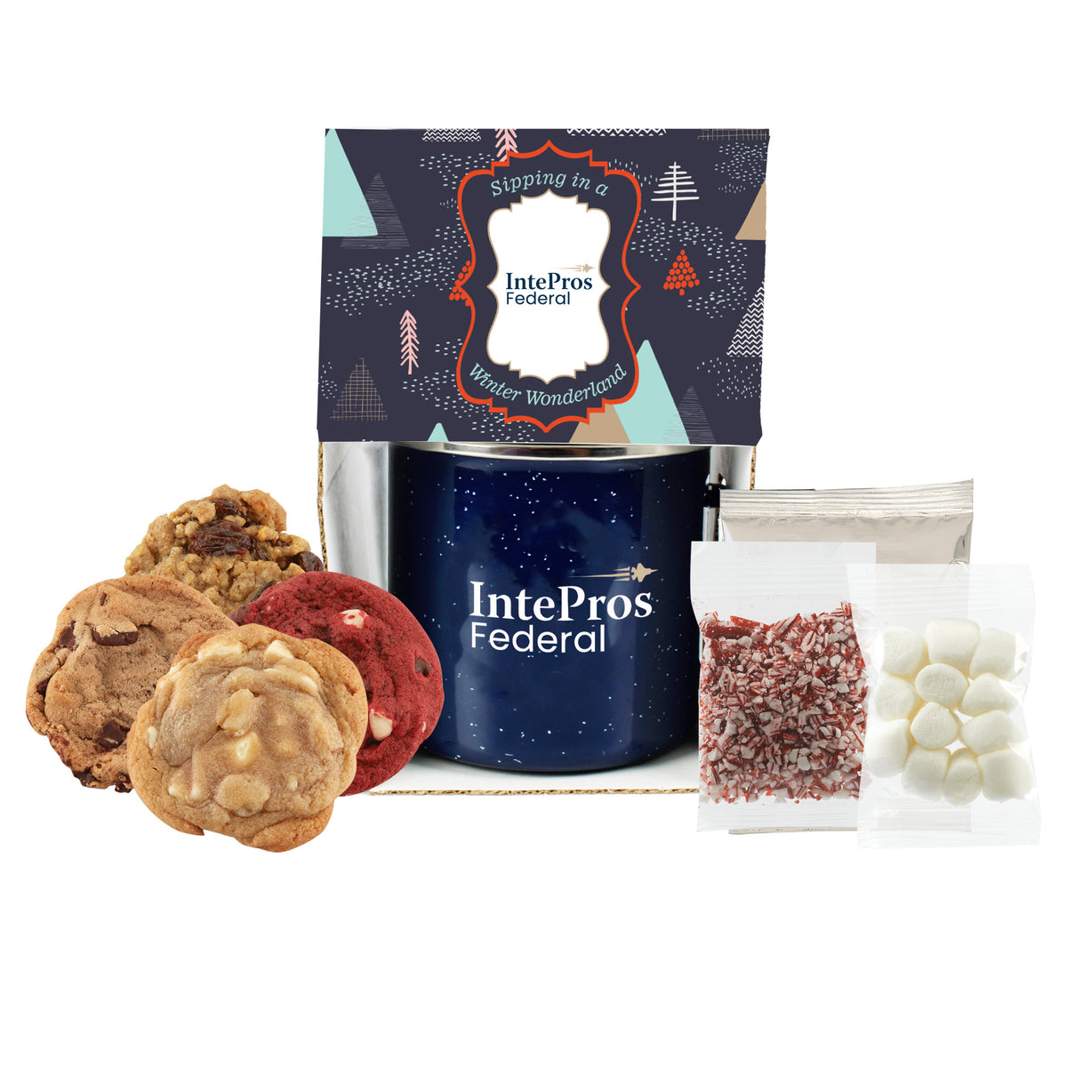 Speckled Camping Mug - 16 oz., Gourmet Cookies (4), Hot Chocolate Holiday Set