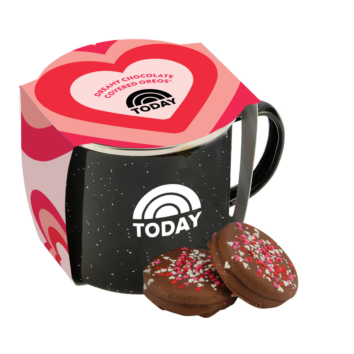 Speckled Camping Mug - 16 oz., Valentine&#39;s Day Chocolate Covered Oreos® with Sprinkles