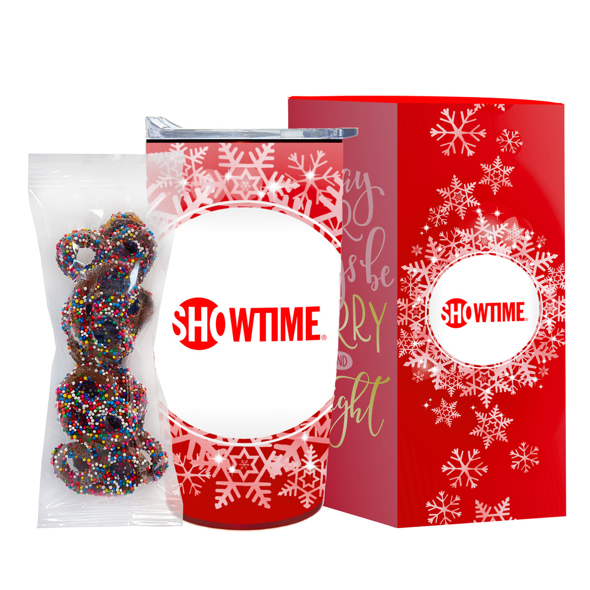 Straight Tumbler w/ Plastic Liner - 20 oz., Holiday Greetings Gift Set, Milk Chocolate Pretzels w/ Rainbow Nonpareils