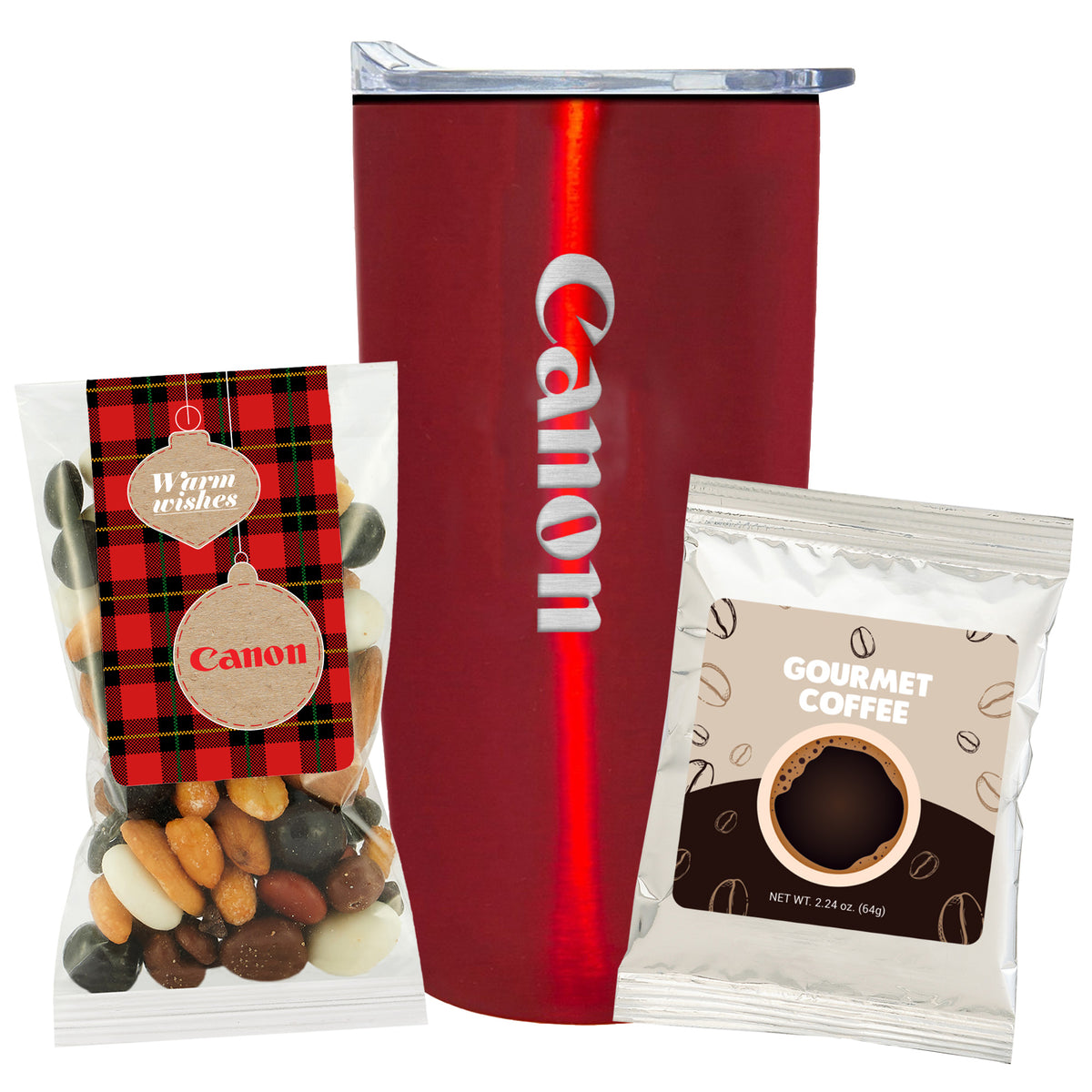 Straight Tumbler w/ Plastic Liner - 20 oz.,  Holiday Snack Pack w/ Espresso Mix &amp; Gourmet Coffee Packet