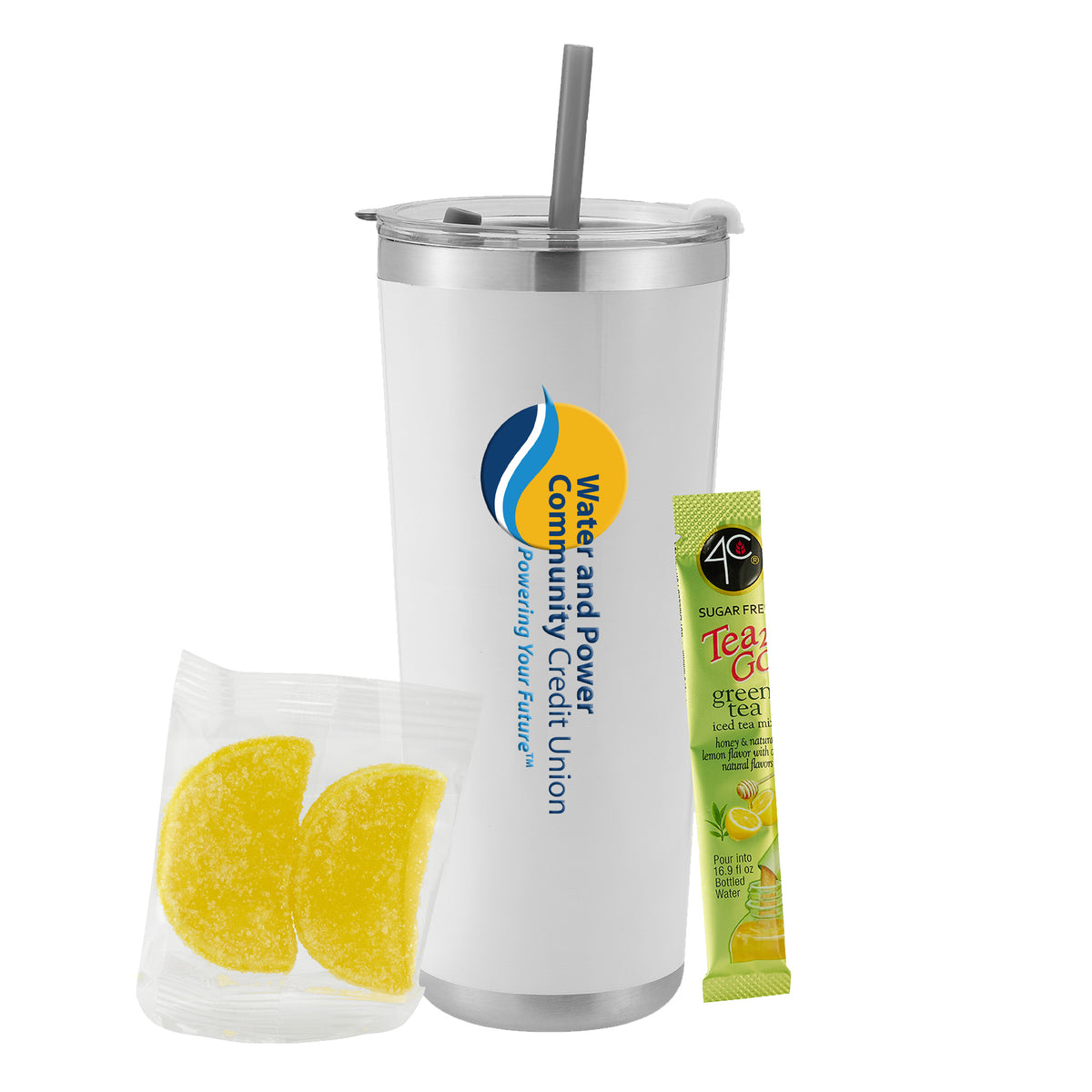 Tumbler w/ Straw - 20 oz., 4C® Sugar Free Tea 2 Go® Iced Tea Packet &amp; (2) Sugar Dusted Candy Lemon Slices
