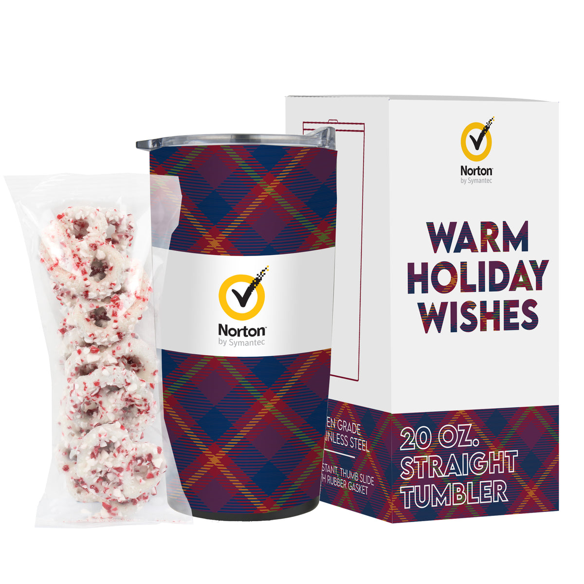 Straight Tumbler - 20 oz., Holiday Greetings Gift Set, White Chocolate Pretzels w/ Crushed Peppermint