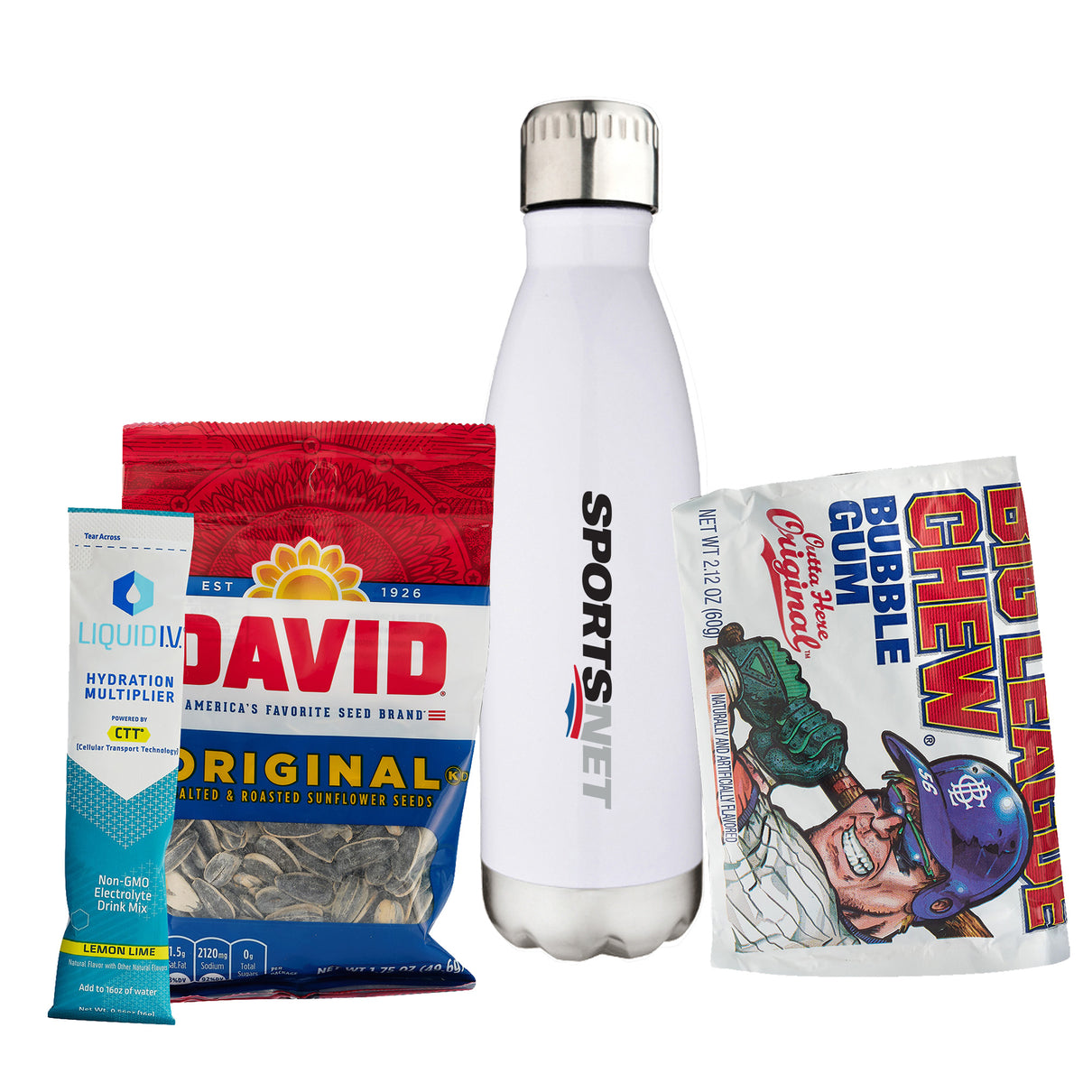 Water Bottle - 17 oz., Liquid IV® Electrolyte Drink Mix, David&#39;s Sunflower Seeds, Big Chew Bubble Gum