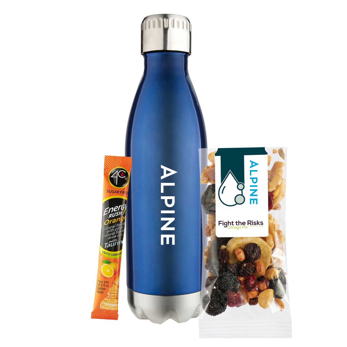 Water Bottle - 17 oz., 4C® Sugar Free Energy Rush Packet &amp; Snack Pack with Omega Mix