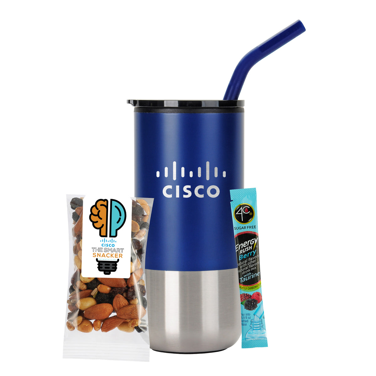 Tumbler w/ Stainless Steel Straw - 16 oz., 4C® Sugar Free Energy Rush Packet &amp; Snack Pack with Smart Mix