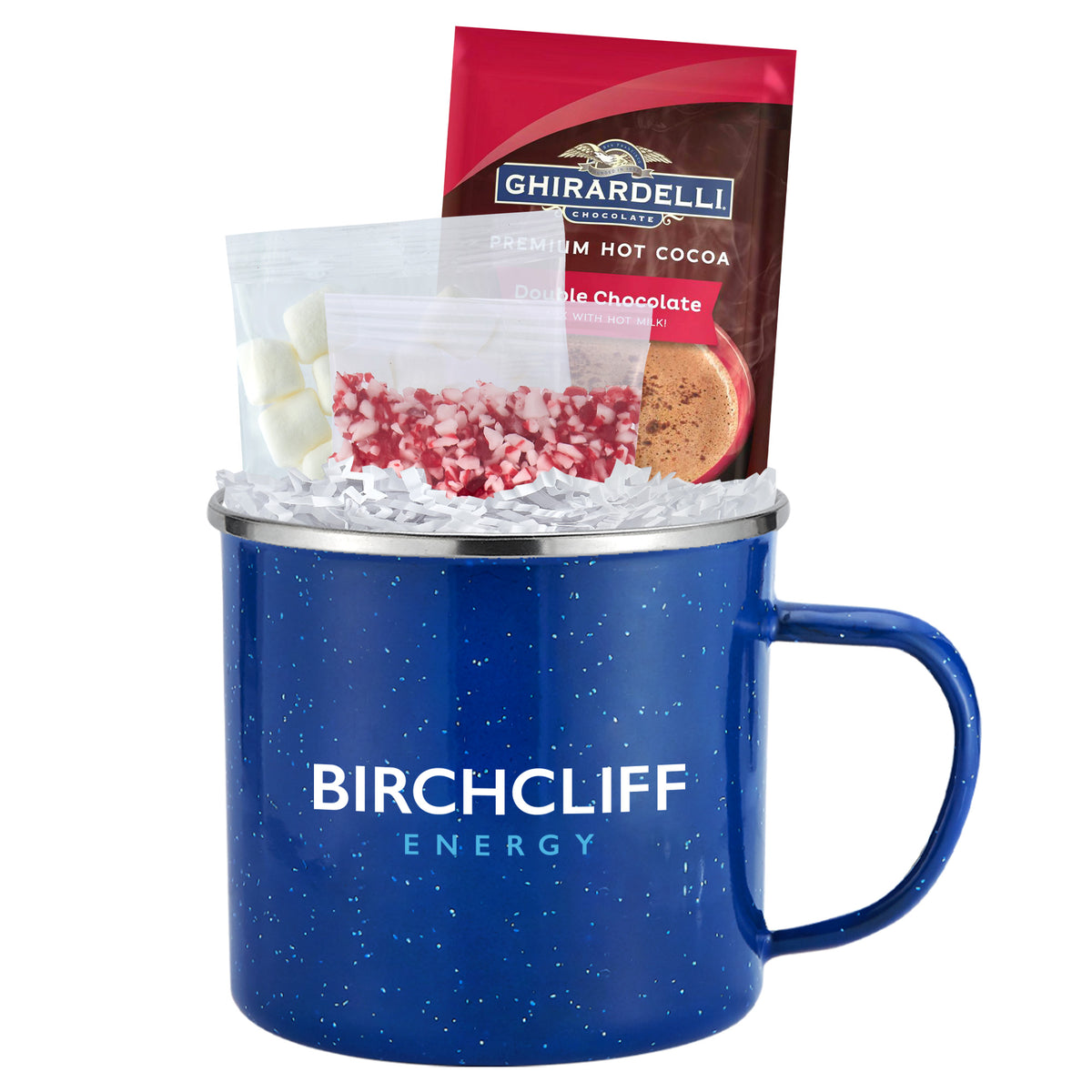 Speckled Camping Mug - 16 oz., Ghirardelli® Double Chocolate Hot Chocolate Mix, Crushed Peppermint, &amp;  Mini Marshmallows Set