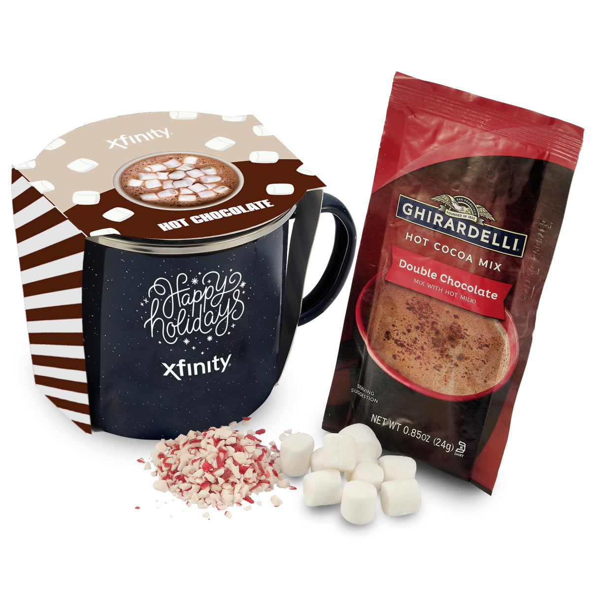 Speckled Camping Mug - 16 oz., Ghirardelli® Double Chocolate Hot Chocolate Mix, Crushed Peppermint, &amp;  Mini Marshmallows