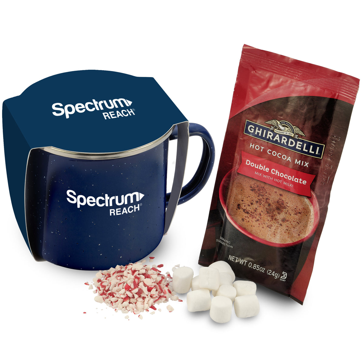 Speckled Camping Mug - 16 oz., Ghirardelli® Double Chocolate Hot Chocolate Mix, Crushed Peppermint, &amp;  Mini Marshmallows