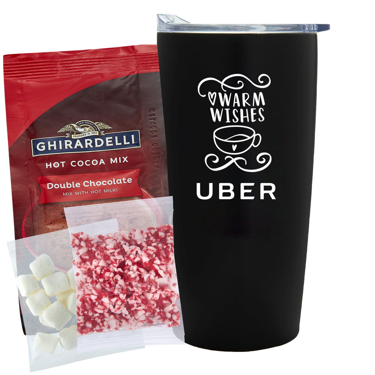 Straight Tumbler w/ Plastic Liner - 20 oz., Ghirardelli® Double Chocolate Hot Chocolate Mix, Crushed Peppermint, &amp; Mini Marshmellows
