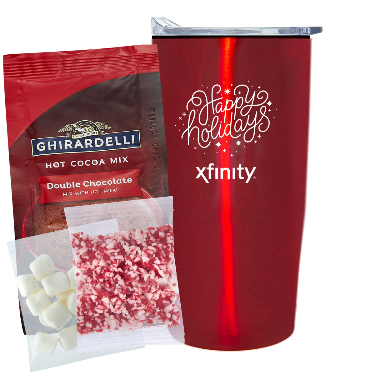 Straight Tumbler w/ Plastic Liner - 20 oz., Ghirardelli® Double Chocolate Hot Chocolate Mix, Crushed Peppermint, &amp; Mini Marshmellows