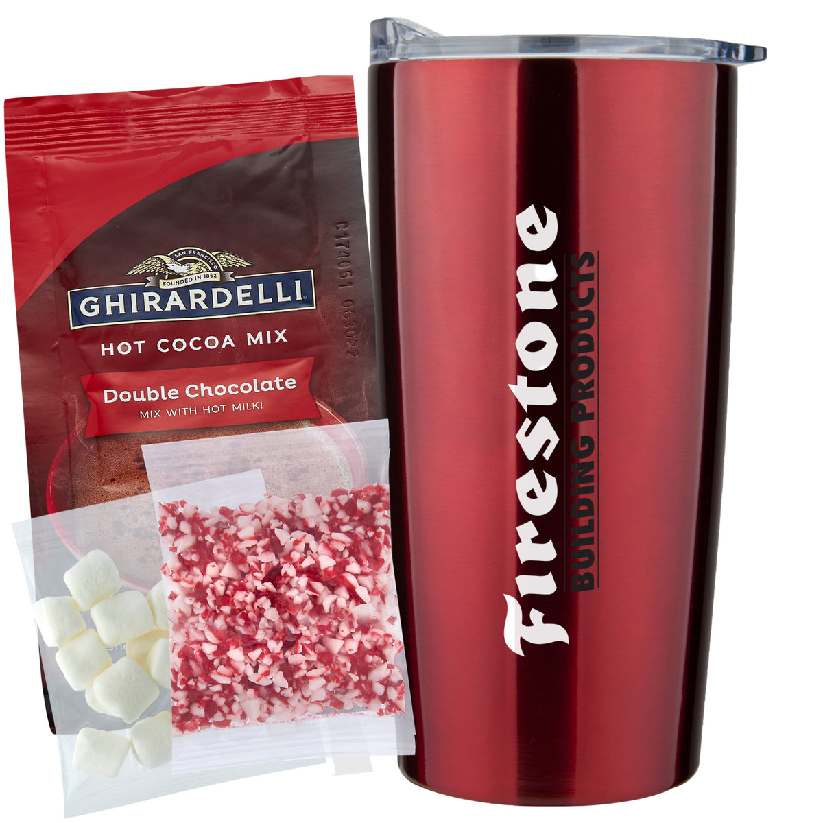 Straight Tumbler - 20 oz., Ghirardelli® Double Chocolate Hot Cocoa Mix, Crushed Peppermint, &amp; Mini Marshmallows