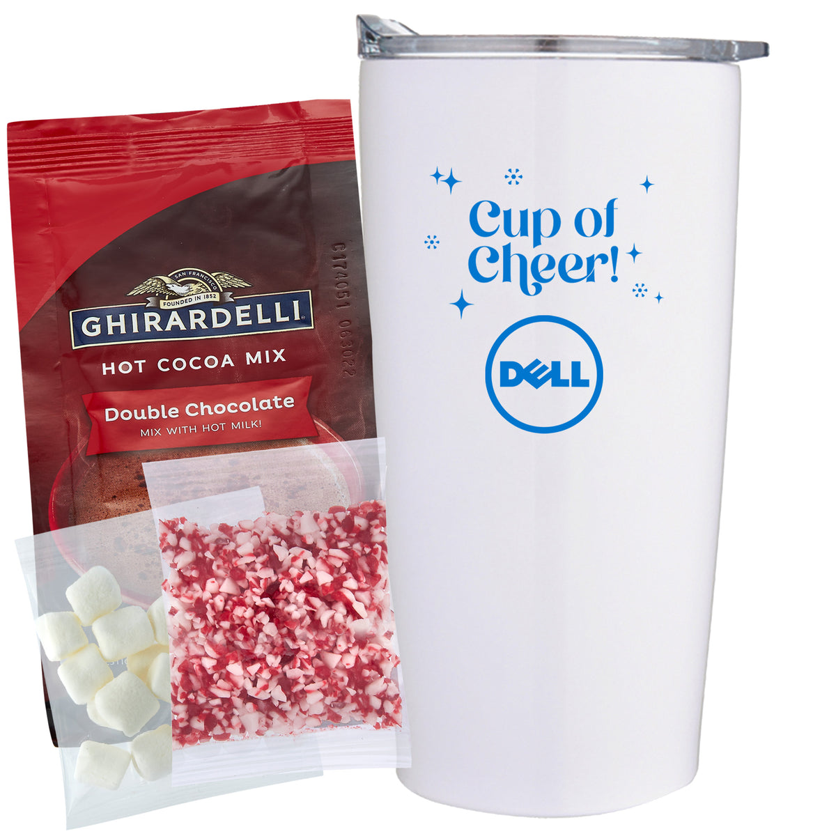 Straight Tumbler - 20 oz., Ghirardelli® Double Chocolate Hot Cocoa Mix, Crushed Peppermint, &amp; Mini Marshmallows